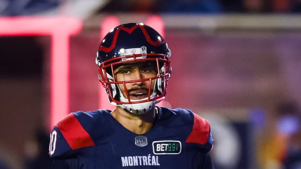 Oct 22, 2021; Montreal, Quebec, CAN; Montreal Alouettes defensive back Ty Cranston (30) against the Toronto Argonauts in the second quarter during a Canadian Football League game at Molson Stadium. Mandatory Credit: David Kirouac-USA TODAY Sports  